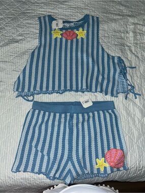 ALTAR’D State Blue Striped Knit Crop Tank & Shorts Set with Shell Appliqués
